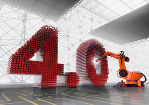 Industry 4.0, 3D-digit 4.0 with industrial robot in Halle with network in the background on grey-yellow floor Industry 4.0, 3D-digit 4.0 with industrial robot in Halle with network in the background on grey-yellow floor
